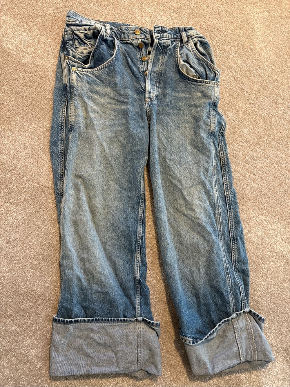 Free People Cuffed Blue Denim Jeans - Classic Relaxed Fit